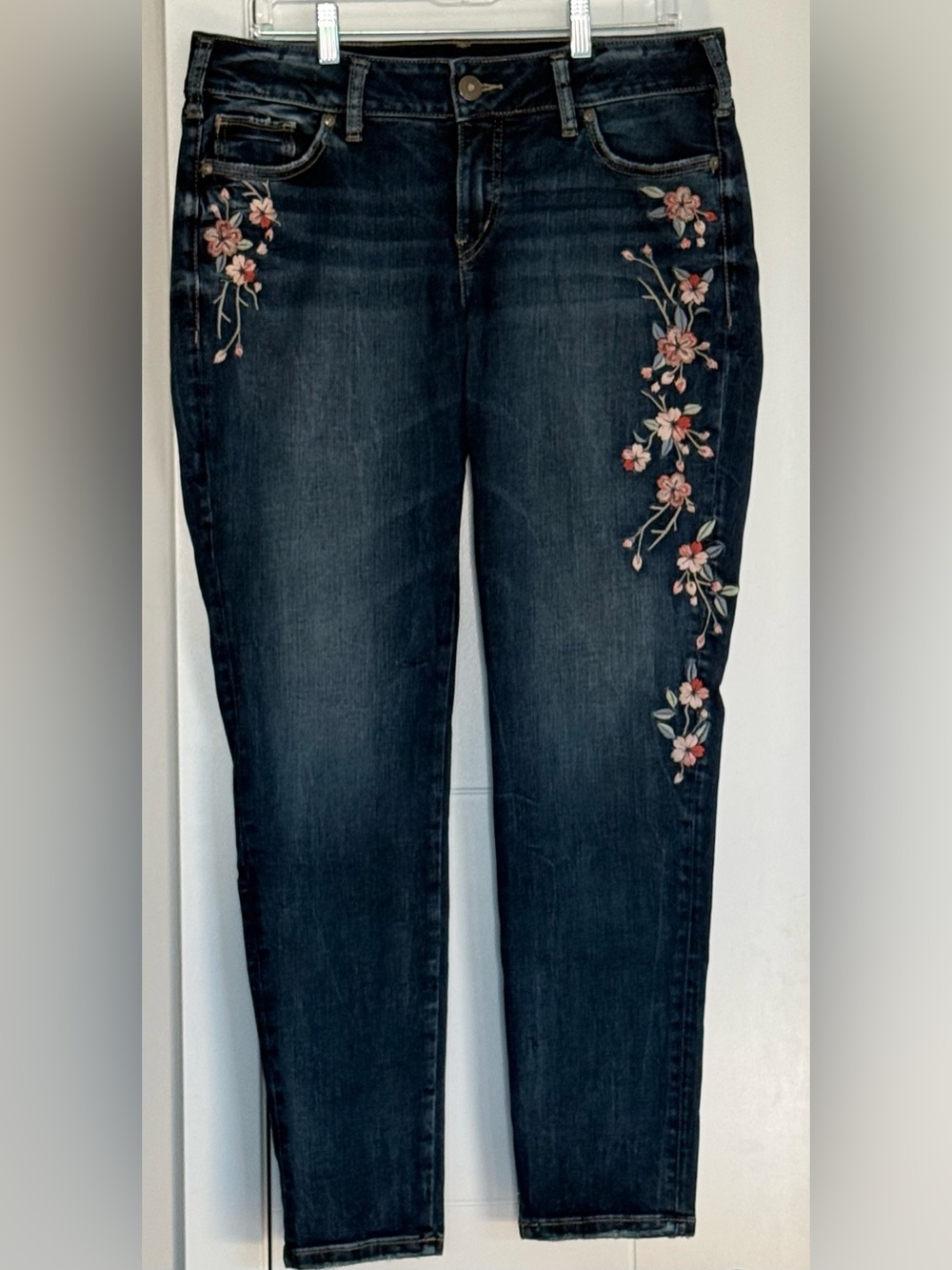 Dark Wash Women’s Jeans with Pink Floral Embroidery